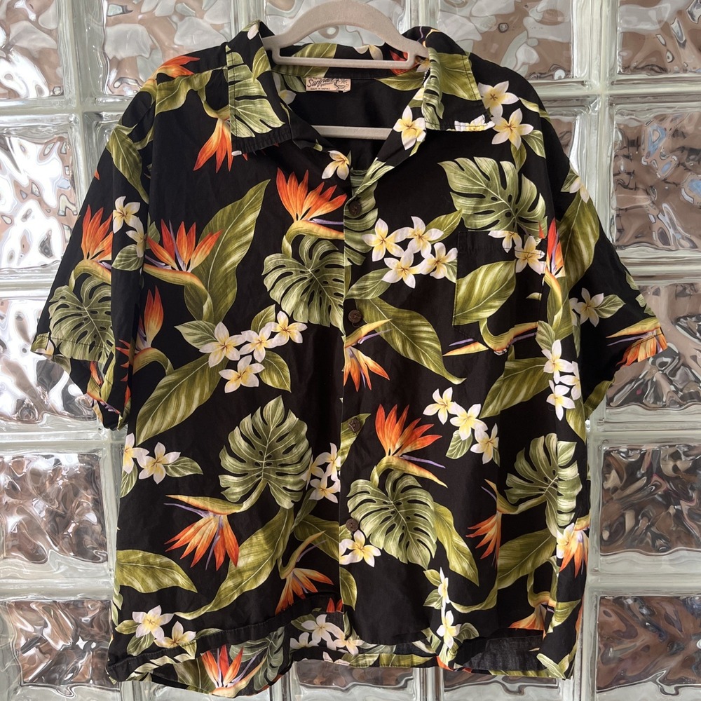 Vtg Surfriders Sportswear Hawaiian‎ Shirt Black Floral Size XL Short Sleeve